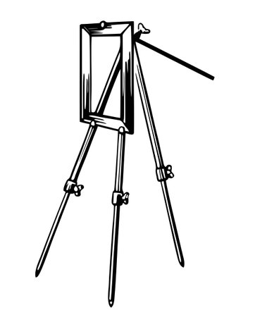 Metal art easel. Tripod. Vector vintage illustration of isolated objects. Sketch of the artist s workshop. Icon of canvas on stand, artistic instruments, propsのイラスト素材