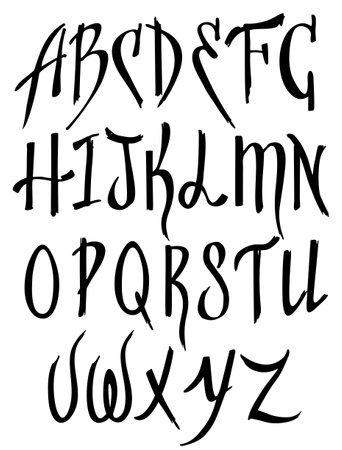 Graphic font for your design. Hand drawn complete calligraphy alphabet. Stylish letters with figuresのイラスト素材