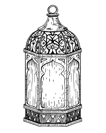 Ramadan Islamic lantern sketch. Vector arab islamic culture festival religious fanoos glowing symbol on white background. Traditional muslim poster card objectのイラスト素材