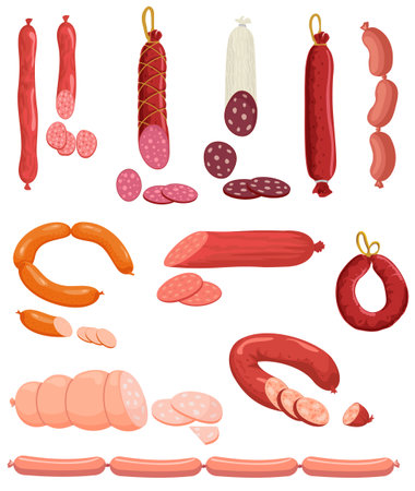 Set of sausages salami, pepperoni smoked sausage, beef meat, ham farm or butcher store production. Bacon or boiled sausage delicatessen meals. Design elements for market advert.のイラスト素材