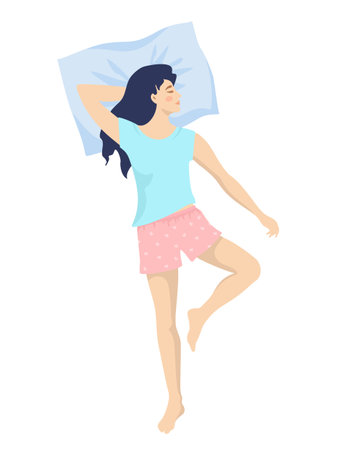 Young girl sleeping in the bed on the back in a free position. Cute girl resting after a working or school day. Flat vector illustration in flat style. Female character. Body position concept.のイラスト素材