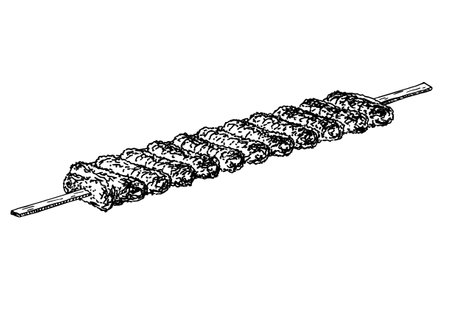 Illustration of the traditional Turkish kebab on the skewer. Vintage kebab logo template. Kebab or shashlik on skewerのイラスト素材