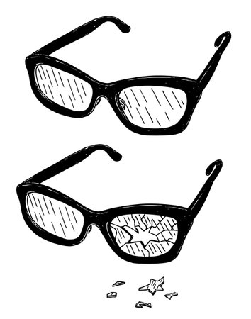 Glasses and Broken glasses. Two pair of cartoon reading glasses, new and broken ones. Vector glasses isolated on white background.のイラスト素材