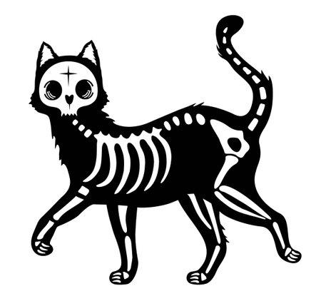 Skeleton black cat. Silhouette Halloween cat with bones costume. Cat Skull vector bone skeleton icon logo Halloween illustration. Funny pets. Vector illustration on white background. Tattoo.のイラスト素材