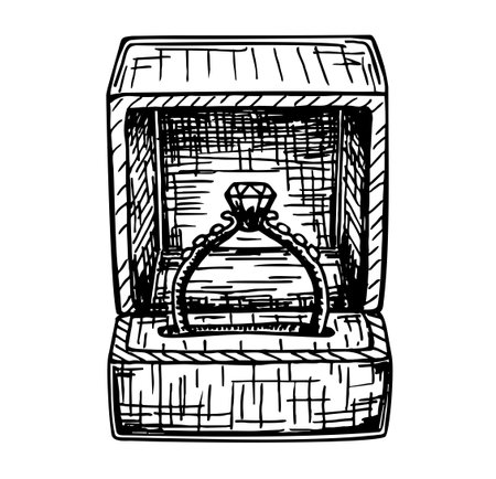 Wedding ring in box. Groom s gift for bride on their special day. Marriage ceremony celebration. A ring with a diamond. Doodle hand drawn black and white isolated illustration.のイラスト素材