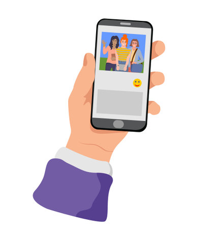 Hand touch smartphone screen and hold mobile phones with apps for watching video, social media, group calling and playing games. Friends communication. Flat vector illustrationのイラスト素材