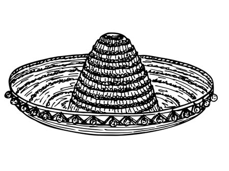 Sombrero hat illustration. Cinco de Mayo Mexican hat. Traditional Mexican costume element. Sketch hand drawn vector illustration isolated on white background.のイラスト素材