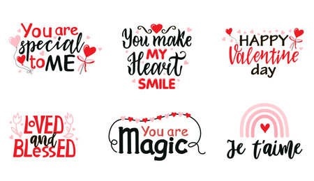 Romantic lettering set. Black, white and red hand written lettering about love to valentines day design poster, greeting card, photo album, banner, calligraphy vector. Romantic lettering set.のイラスト素材