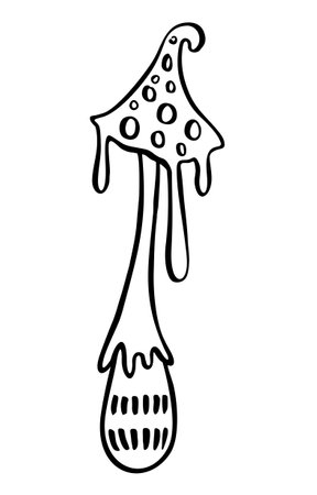 Mystical, magic mushroom. Psychedelic hallucination. Witchy esoteric objects. Black illustration isolated on white. 60s, 70s trippy hippie art vector illustration.のイラスト素材