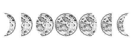 Moon phases set. Hand drawn earth satellite moon. Abstract planet ball. Vector sketch ink illustration on white background.のイラスト素材