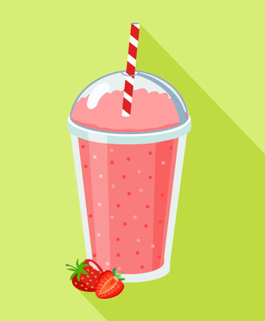 Smoothie to go healthy juice fresh diet. Organic berry shake smoothie. Cartoon smoothie to go cup with with strawberries smoothies cocktail drink. Vector smoothies flat.のイラスト素材