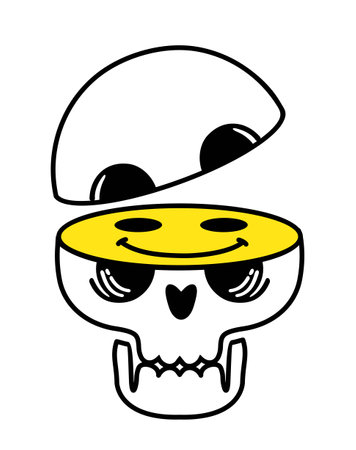 Skull emoticons, emojis. Optimism. Positive thinking. Halloween T-shirt sticker, logo, tattoo. Skull with happy face black in white backgroundのイラスト素材