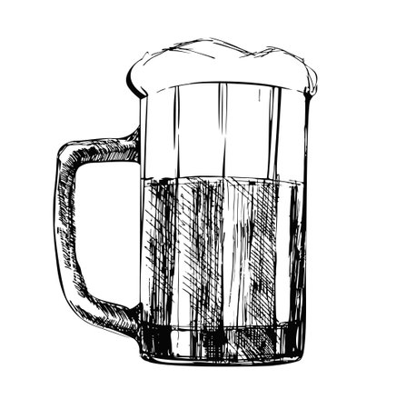 Mug of beer with foam. Beer vector logo design template. Hand-drawing oktoberfest beer. Oktoberfest or pub icon. Sketch for design menu restaurantsのイラスト素材