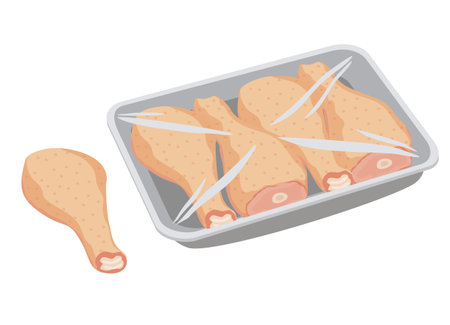 Chicken legs in vacuum plastic packaging. Chicken farm composition with isolated image of semi finished product package with chicken legs cartoon vectorのイラスト素材