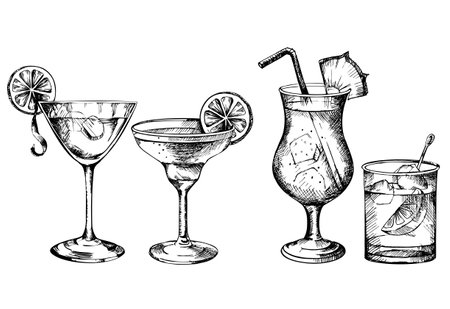 Vector hand drawn set of cocktails and alcohol drinks. Cocktail menu design background. Cocktail party. Sketch.のイラスト素材