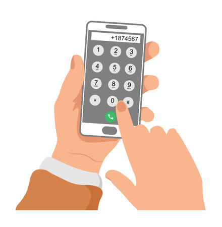 Dial number concept. User interface keypad for smartphone. Man holding the phone with buttons on the mobile phone screen to make a phone call Keyboard template in touchscreen device. Vectorのイラスト素材