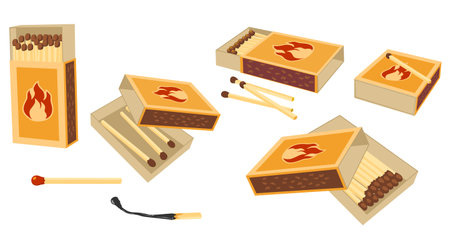 Matchboxes and matches set. Burnt matches and a whole match. Flat design style. Fire safety. Lighting concept. Vector illustration highlighted on a white background.のイラスト素材
