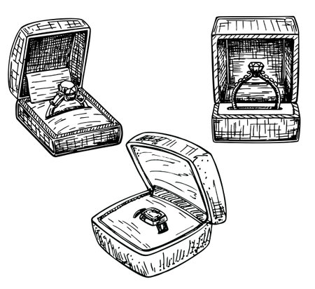 Engagement diamond golden rings in ring boxes sketch set. Wedding accessory or pleasant surprise. Different wedding jewelry rings in vintage engraved style. isolated on white background.のイラスト素材