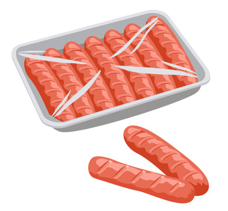 Sausages in vacuum plastic packaging. Sausages packaging on the container. Cartoon raw Sausages. Flat vector illustration isolated on a white backgroundのイラスト素材