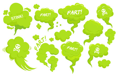 Stinky clouds set. Green fart. Collection of graphic elements for website. Steam chemicals smoke. Scent garbage odor effect. Smell cloud toxic. Cartoon flat vector isolated on white backgroundのイラスト素材