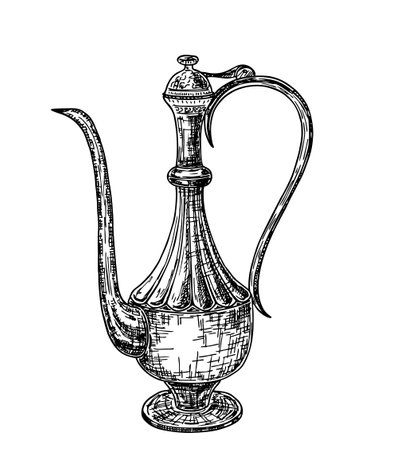 Antique oriental carved jug, turkish arabic teapot, sketch vector illustration. Traditional eastern coffee pot, jug, dallah, aftaba. Arab heritage. Turkish culture symbol.のイラスト素材