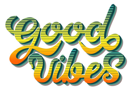 Hand written lettering Good Vibes. Vintage hippie style rainbow color and shadow. Good vibes sticker design template, Tee design for printing. Isolated on white background. 70s. Vector illustration.のイラスト素材