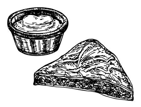 Borek. Gozleme is Turkish pastry. Turkish street food. Baked appetizing Turkish tortillas with feta cheese, potatoes or spinach. Hand drawn vector illustration. of Turkish Food.のイラスト素材