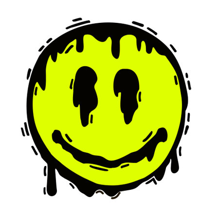 Sketch of a smile with paint streaks. Melting smile. Funny psychedelic surreal techno acid LSD melt smile face logo. Dripping smile. Good mood. Positive emoji. Molten. Sad face. Vector emoji.のイラスト素材