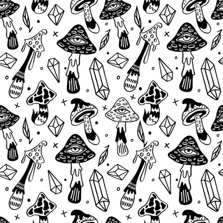 Seamless pattern with magic mushrooms. Psychedelic hallucination. Black and white pattern. 60s, 70s retro print. Vintage hippie illustration. For textile, fabric, wrapping, wallpaper and stickerのイラスト素材