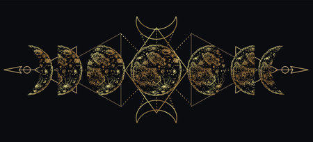 Moon phases. Moon magic. Mysterious moonlight activity stages. Sacred geometry moon, magic astrology symbols, phases of moon. Mystic lunar phases for tattoo drawing. Sketch vector illustration.のイラスト素材