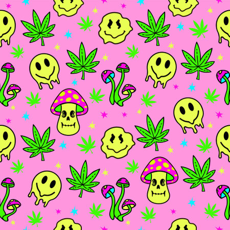 Smiles, hemp leaves and mushrooms seamless pattern. Distorted smiling face. Melted Smiles faces and weed cannabis leaf. Retro hippie psychedelic distorted illustration. Psychedelic wallpaper. Vectorのイラスト素材