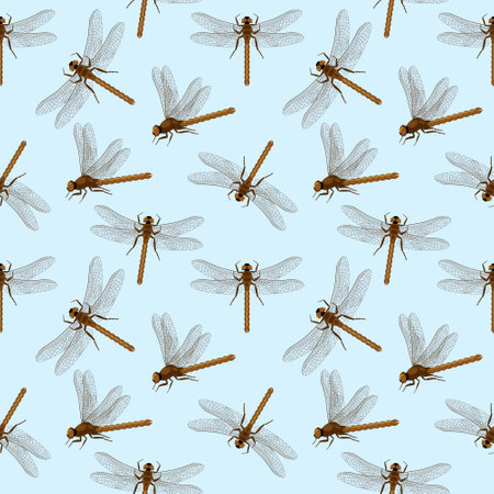 Vector seamless pattern with dragonflies. Creative texture for fabric, wrapping, textile, wallpaper, apparel. Summer Dragonflies in the sky. Simple minimalistic print with dragonfly insects. Vectorのイラスト素材