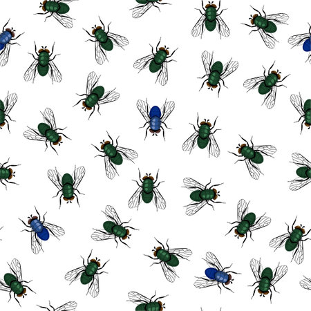 Flies trendy pattern seamless. Blue and green flies, summer seamless background vector illustration.のイラスト素材