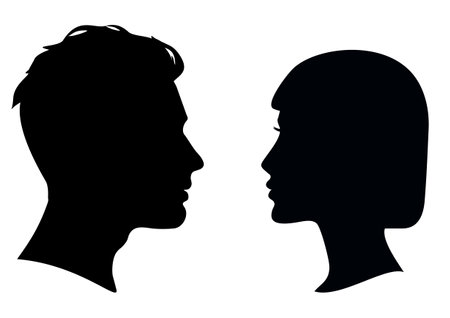 Man and woman face to face silhouette. SIlhouette of a head. Man and woman head in profile. Vector illustration.のイラスト素材