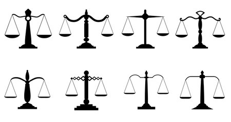 Equilibrium scales. Trading or law scales icons. Lawyers scales, compare symbols, balance and balancing signs isolated on white background. Court concept vector illustration. Libra Sign, symbolのイラスト素材