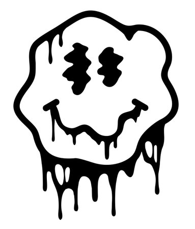 Melting smile. Graffiti style. Distorted melting smile face. Grunge vector illustration. Funny psychedelic surreal techno acid LSD melt smile face logo. Dripping smile. Good mood. Dripping smiley.のイラスト素材