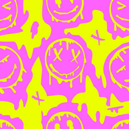 Flowing smiling face seamless pattern. Funny melt smile faces. Vector hand drawn doodle cartoon character illustration. Smile faces melt, acid, trippy seamless pattern wallpaper print conceptのイラスト素材