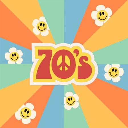 1970s. Seventies background with rainbow colored spirals. Poster, cover template, vintage color backgrounds vectorのイラスト素材