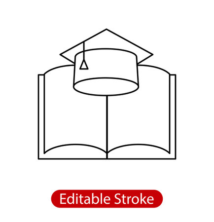 Graduation hat and book line icon, outline vector sign, linear style pictogram isolated on white background. Education symbol, logo illustration. Editable stroke. Pixel perfectのイラスト素材