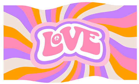 70s groovy love slogan sticker. Retro inspirational love slogan print. Retro psychedelic print with hippie slogan. Colorful cute calligraphy text illustration. Vector lettering hippie font.のイラスト素材