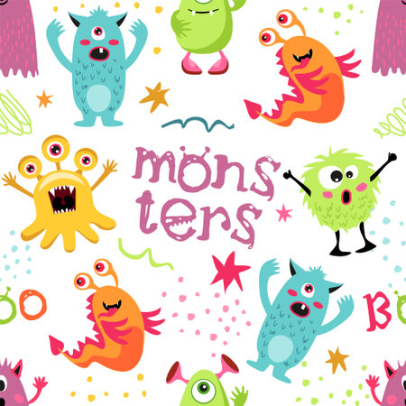 Seamless pattern with funny monsters. Cute cartoon creatures on white background. Texture for kids apparel, fabric, textile, wrapping. Vector illustrationのイラスト素材