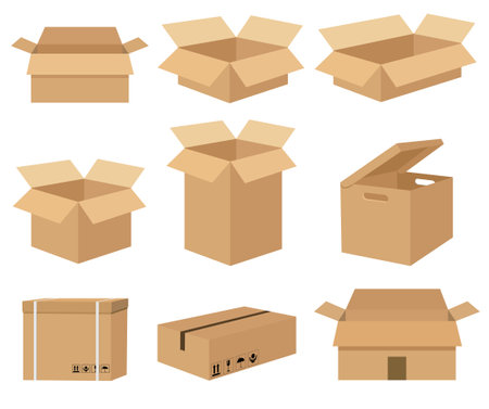 Carton set of recycling cardboard delivery boxes or postal parcel packaging. Carton delivery packaging open and closed box with fragile signs. Vector illustration isolated on white background.のイラスト素材