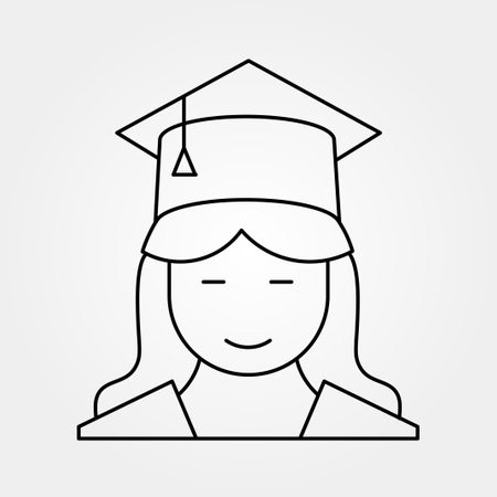 Graduate student in square cap or hat with tassel Icon. Graduate girl. Female in mortar hat and graduation gown. Editable vector stroke. Pixel Perfect scalableのイラスト素材