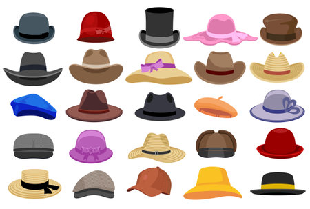 Cartoon Hats and headgears set. Stylish summer and autumn men and women headwear, vintage classic and modern hats, clothes accessory colorful cartoon vector set of accessoriesのイラスト素材