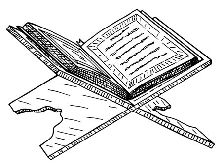 The Holy Quran. Koran on the stand. Hand Drawn Sketch. Muslim holiday, Eid Mubarak, Eid al-fitr, Ramadan Kareem. Vector illustration.のイラスト素材