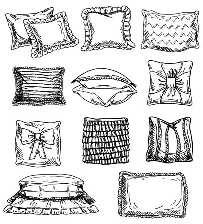 Cushion. Home bedroom Pillow sketch. Cozy hand drawn feather orthopedic bedding lay in stack. Interior comfortable sketch elements. Vector textile sleeping accessories setのイラスト素材