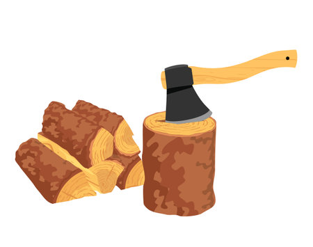 Ax sticks out in tree stump and firewoods. Logging, stump and ax. Stump with an ax and firewood.. Woodworking axle or woodcutter logo or badge. Vector illustration isolated on whiteのイラスト素材