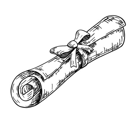 Diploma, close up of paper scroll with ribbon isolated on white background. Graduation Degree Scroll sketch. Education certificate graduation scroll. Vector illustration.のイラスト素材