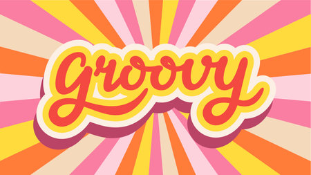 Groovy word typography style illustration. Hippy psychedelic lettering. Groovy doodle typography sticker. Vintage concept. Hippie background for graphic tee t shirt logo. vector illustrationのイラスト素材