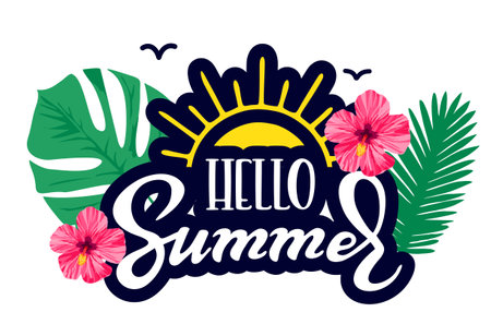 Hello summer. Text in tropical season background with elements for fun outdoor holiday vacation. Handwritten calligraphy design. Logo, symbol, sign. Vector concept design.のイラスト素材